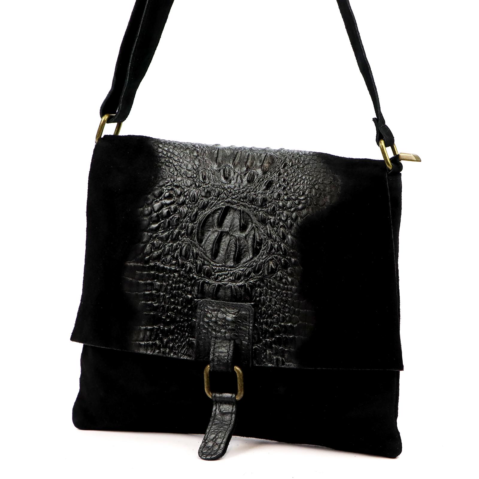 Dámska kožená kabelka z kombinácie croco lesklej a brúsenej kože – elegantná a výrazná